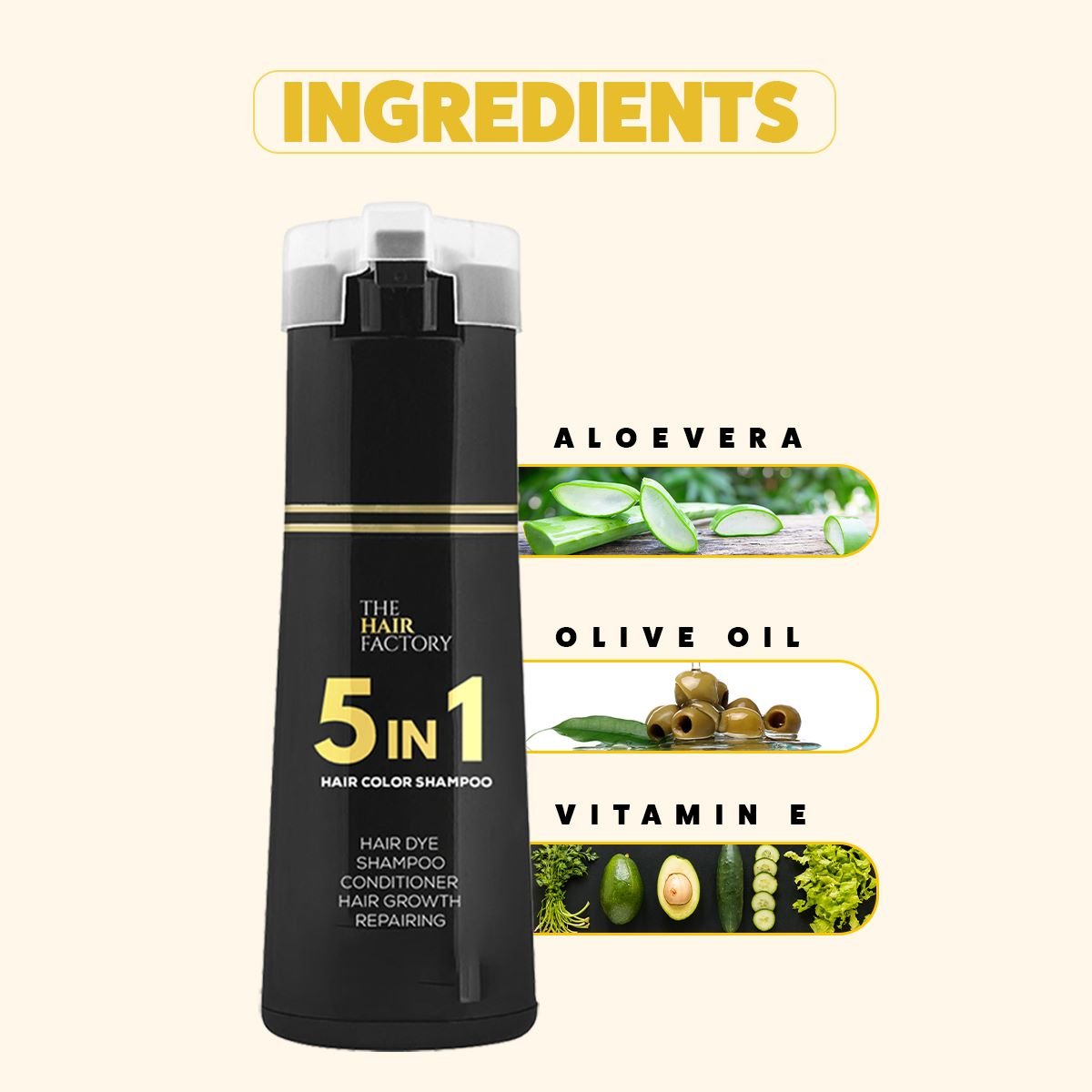 5 IN 1 HAIR COLOR SHAMPOO WITH KERATIN, OLIVE OIL & VITAMIN E